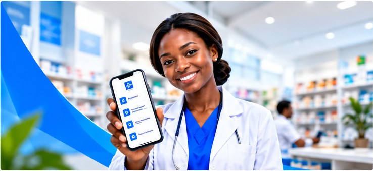 Pharmacienne présentant l'application BIGBLU PHARMA PASS
